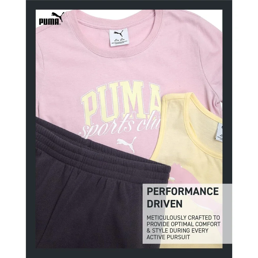 PUMA Girls Active Shorts Set - 3 Piece Performance T-Shirt, Tank Top, Gym Shorts
